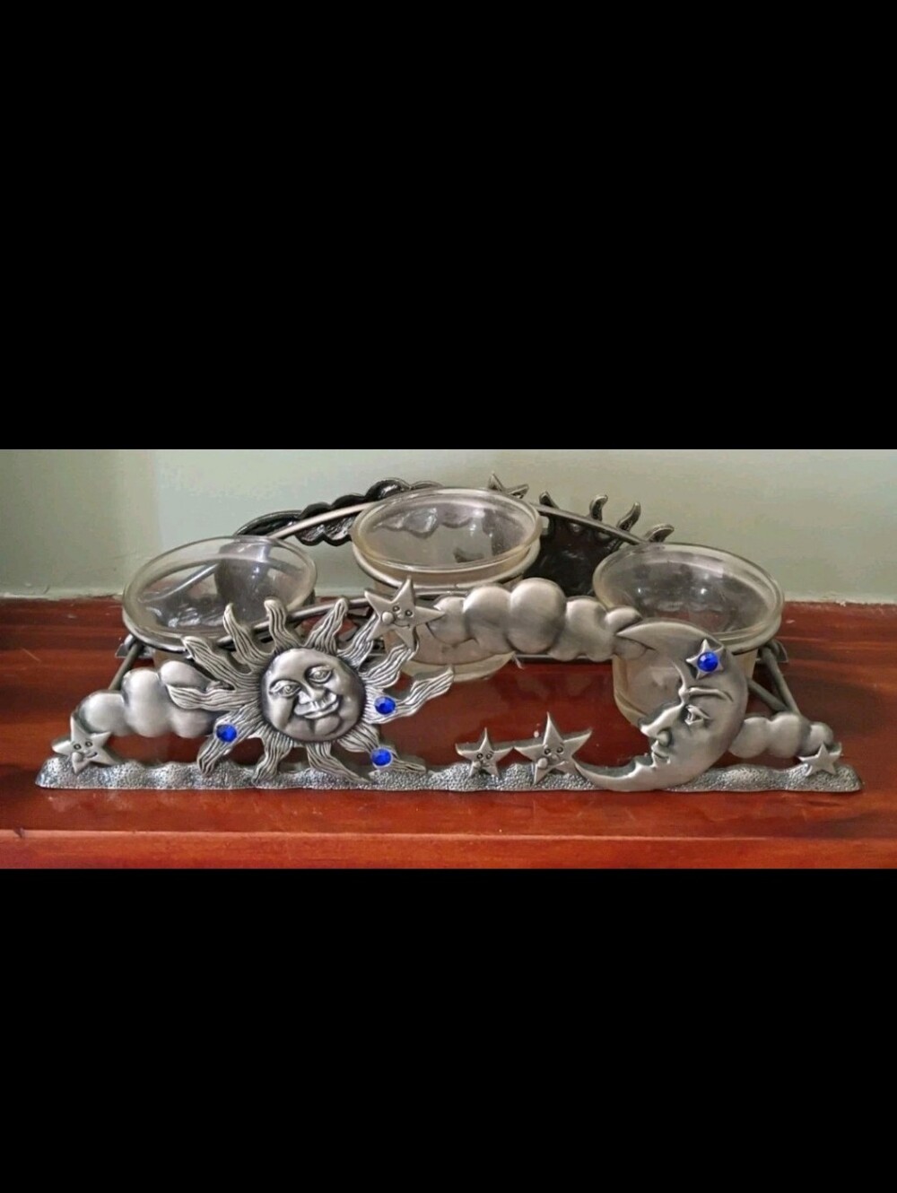 Vtg Spoontiques Sun Moon Stars 3 Votive Arched Candle Holder Blue Accents Pewter